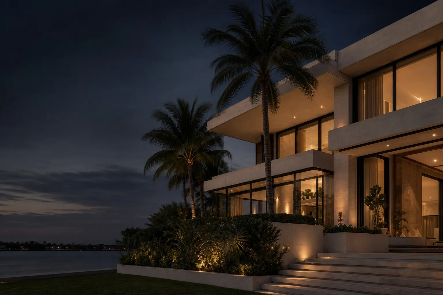 Contemporary Palm Beach waterfront residence at blue hour